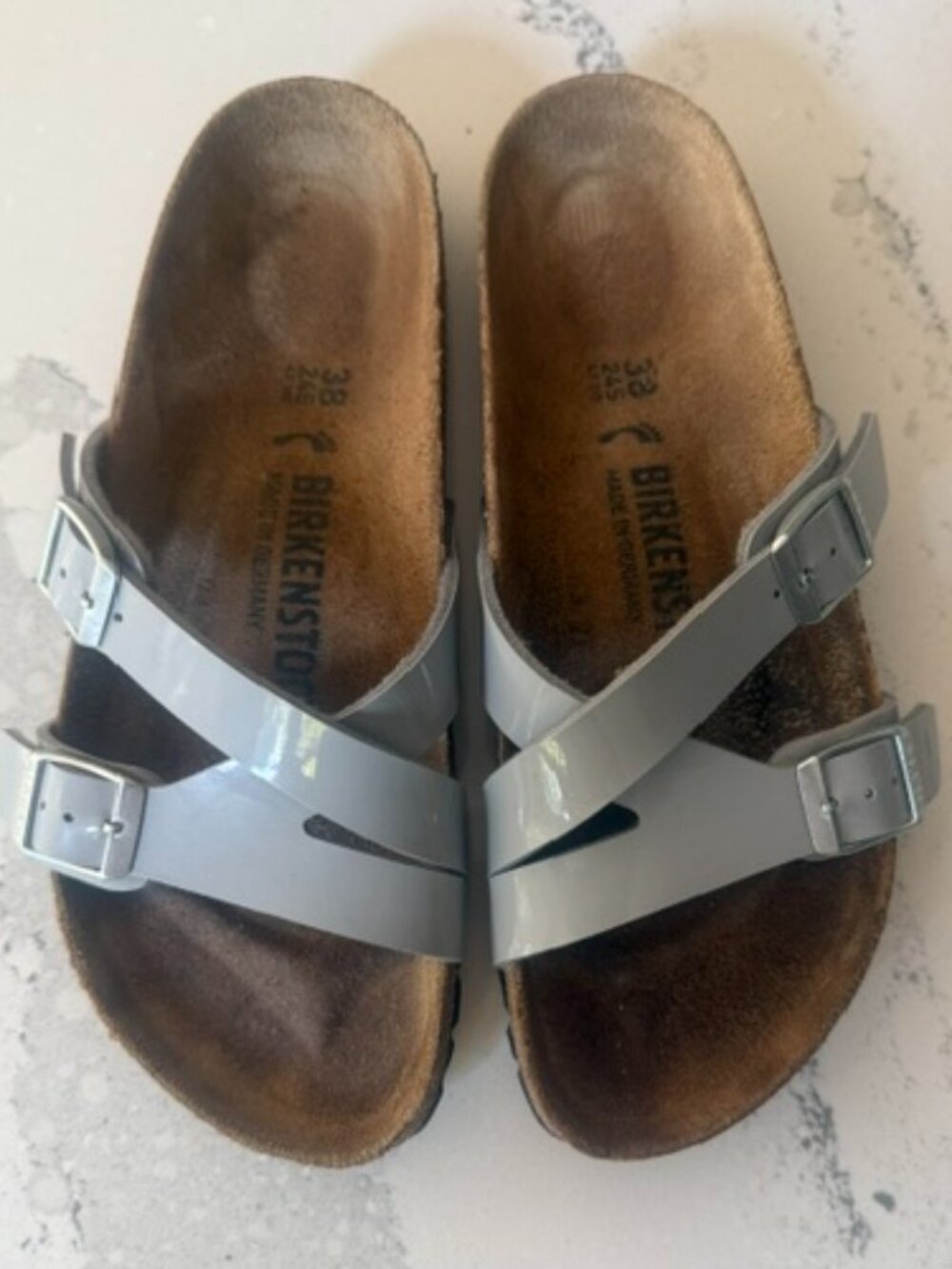 Birkenstock Yao Gray/Blue Patent Birko-Flor Sandals - Size 8 / EU 38